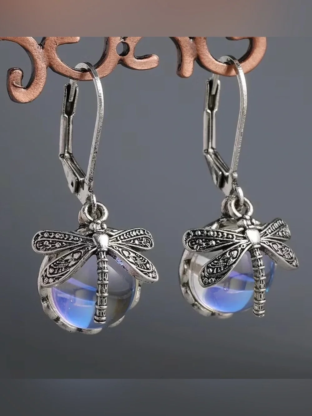 New! Trendy Silver Dragonfly Dangle Earrings with Blue Iridescent Crystal.